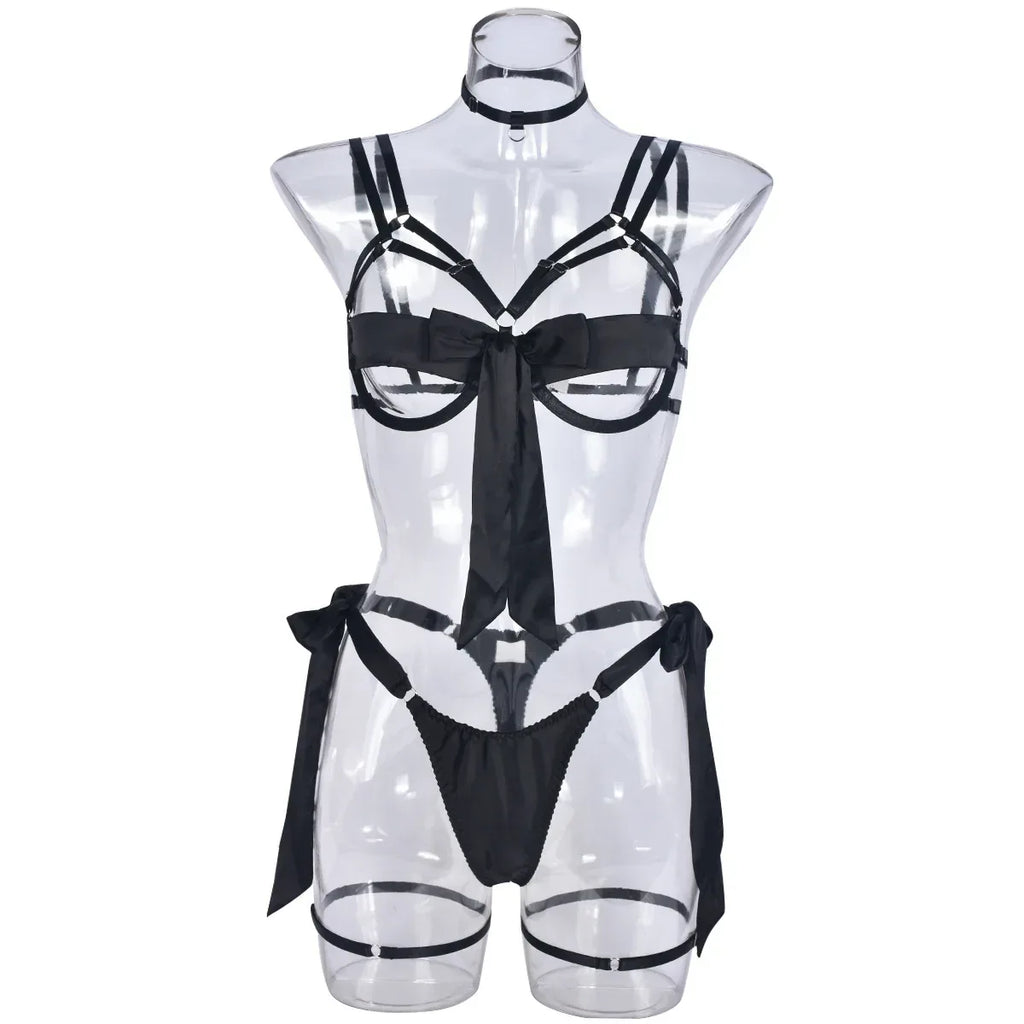 hollow-out-dew-lace-up-push-up-lingerie-four-piece-set - Viexta