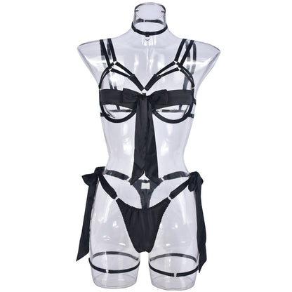 Hollow-out Dew Lace-up Push-up Lingerie Four-piece Set