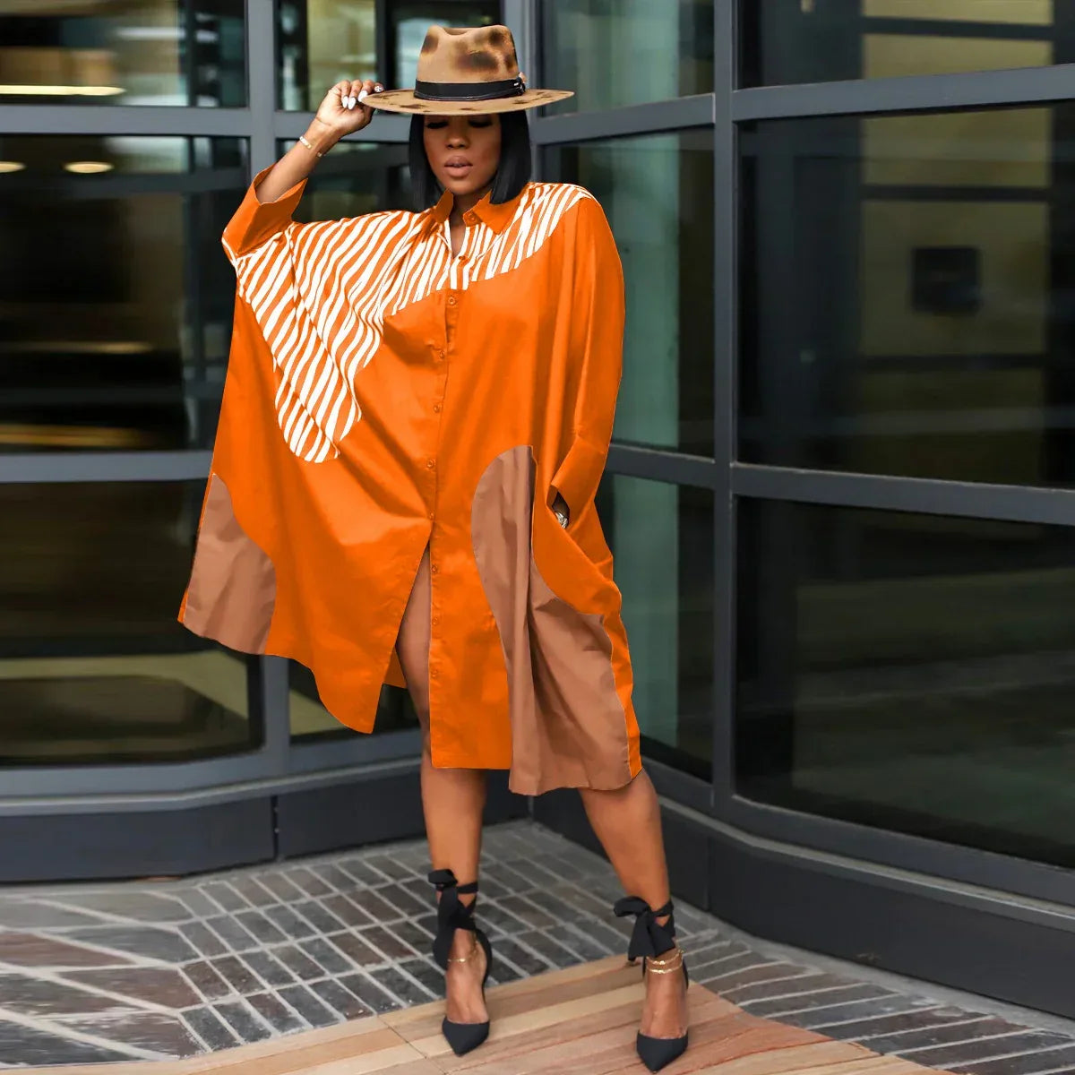 Plus Size Loose Multicolor Batwing Sleeve Shirt Dress - Viexta