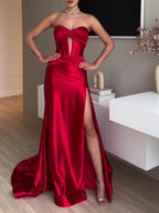 Tube Top Slit Red Extra Long Evening Dress - Viexta