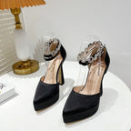 Chunky Heel Waterproof Pointed Toe Buckle Rhinestone Heels - Viexta