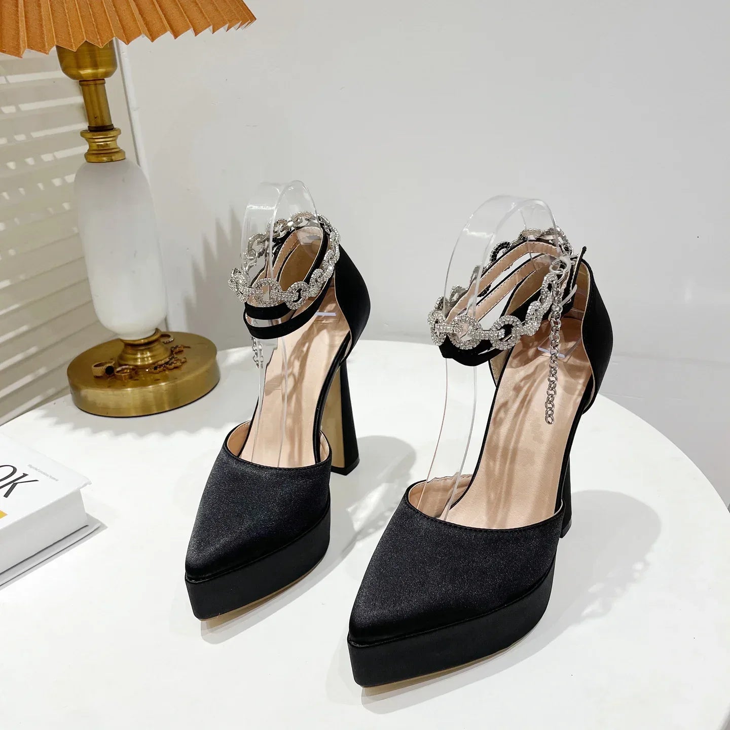 Chunky Heel Waterproof Pointed Toe Buckle Rhinestone Heels - Viexta