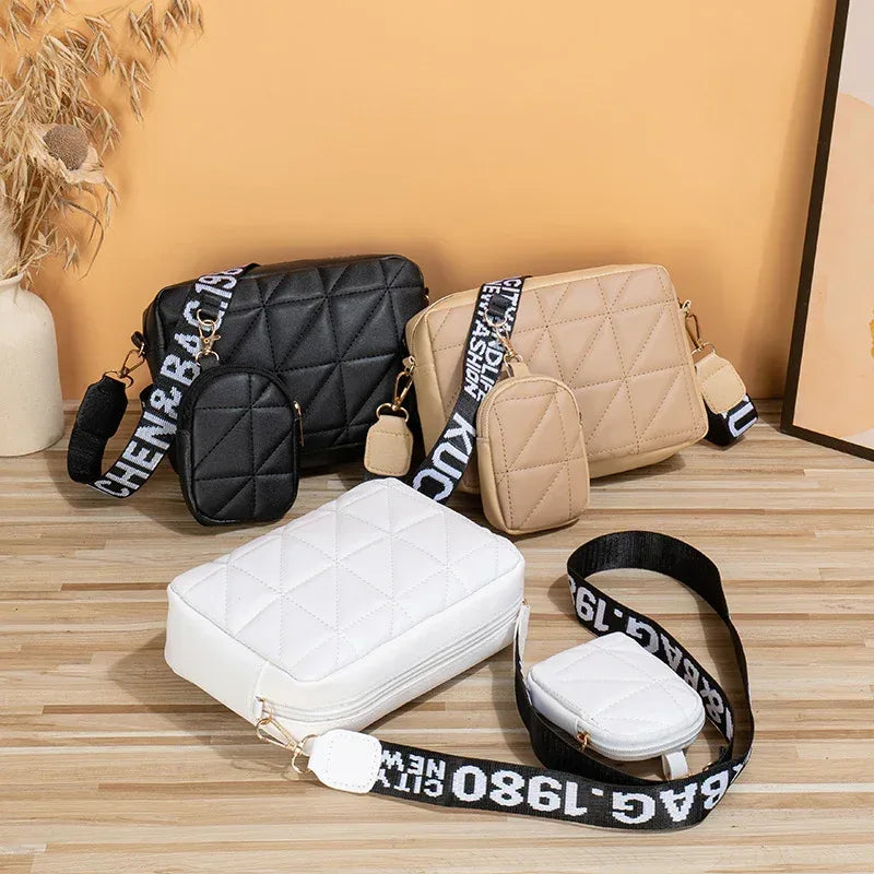 2Pcs Rhombus Shoulder Bag With Wallet Letter Print Wide Shoulder Strap Small Square Bag Large Capacity Cell Phone Crossbody Bags - Viexta