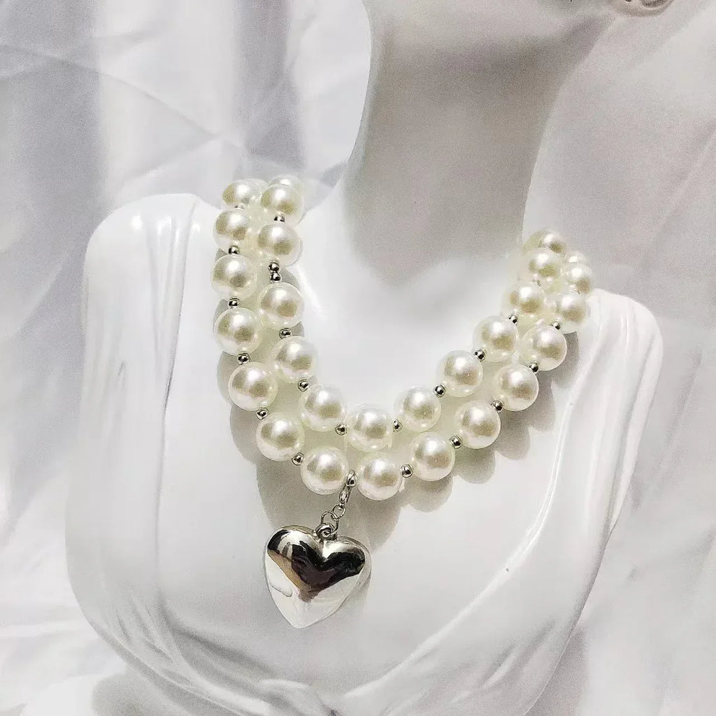 Layered Pearl Neckwear Heart Chain - Viexta
