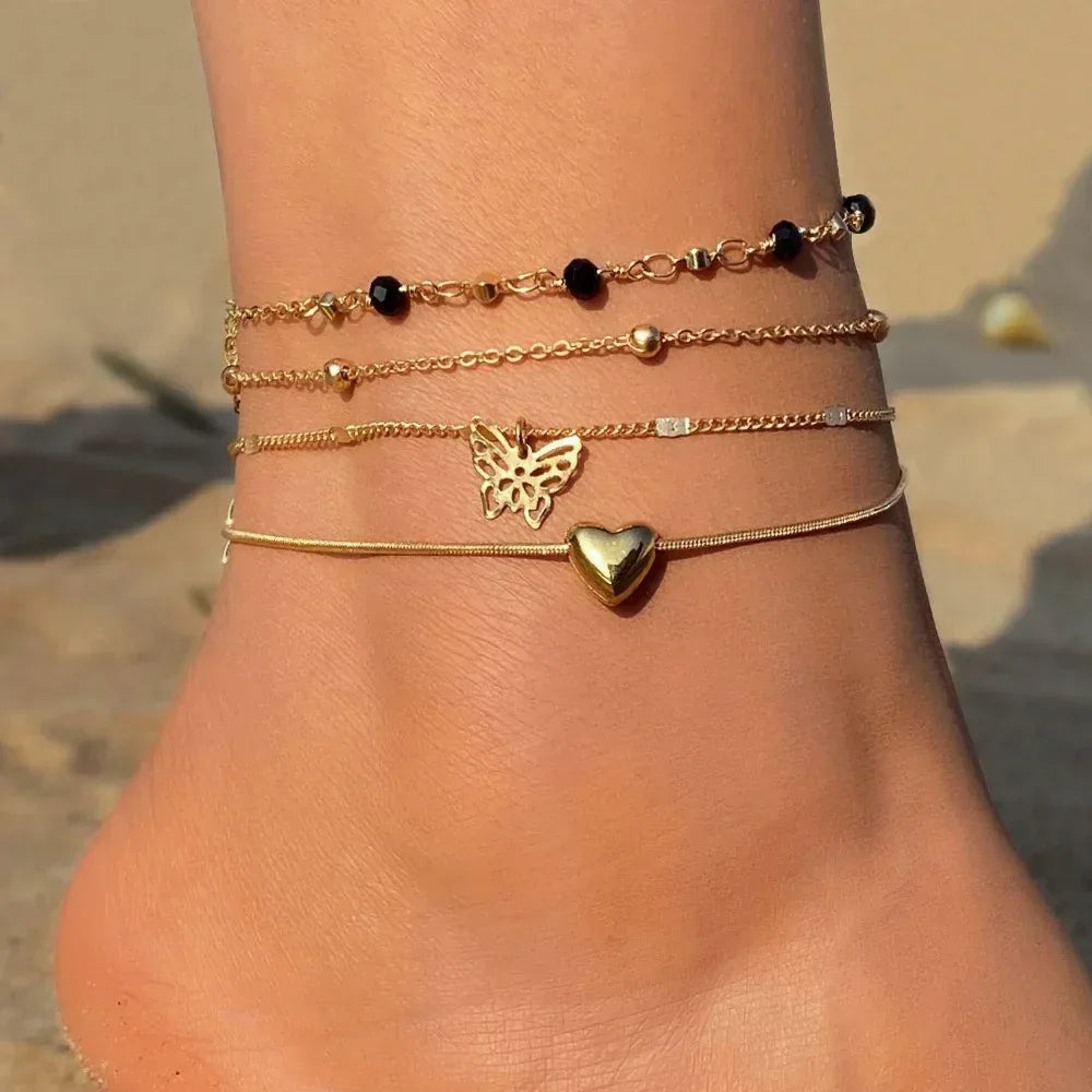 retro-love-butterfly-pearl-multi-layer-anklet-set - Viexta