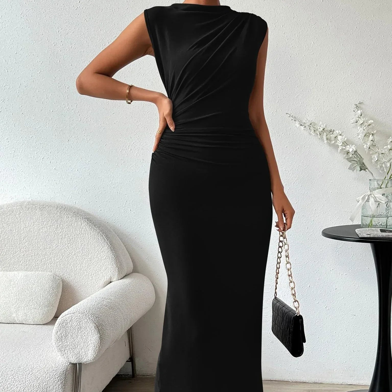 Sleeveless Round Neck Pleated Slit Hemline Dress - Viexta