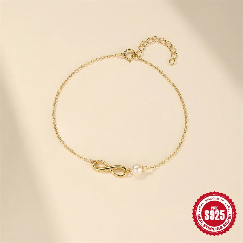 Women's Sterling Silver Glossy Eight-character Chain Pearl Bracelet - Viexta