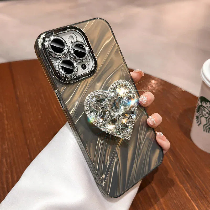Lens Protector Rhinestone Love Bracket iPhone Case - Viexta