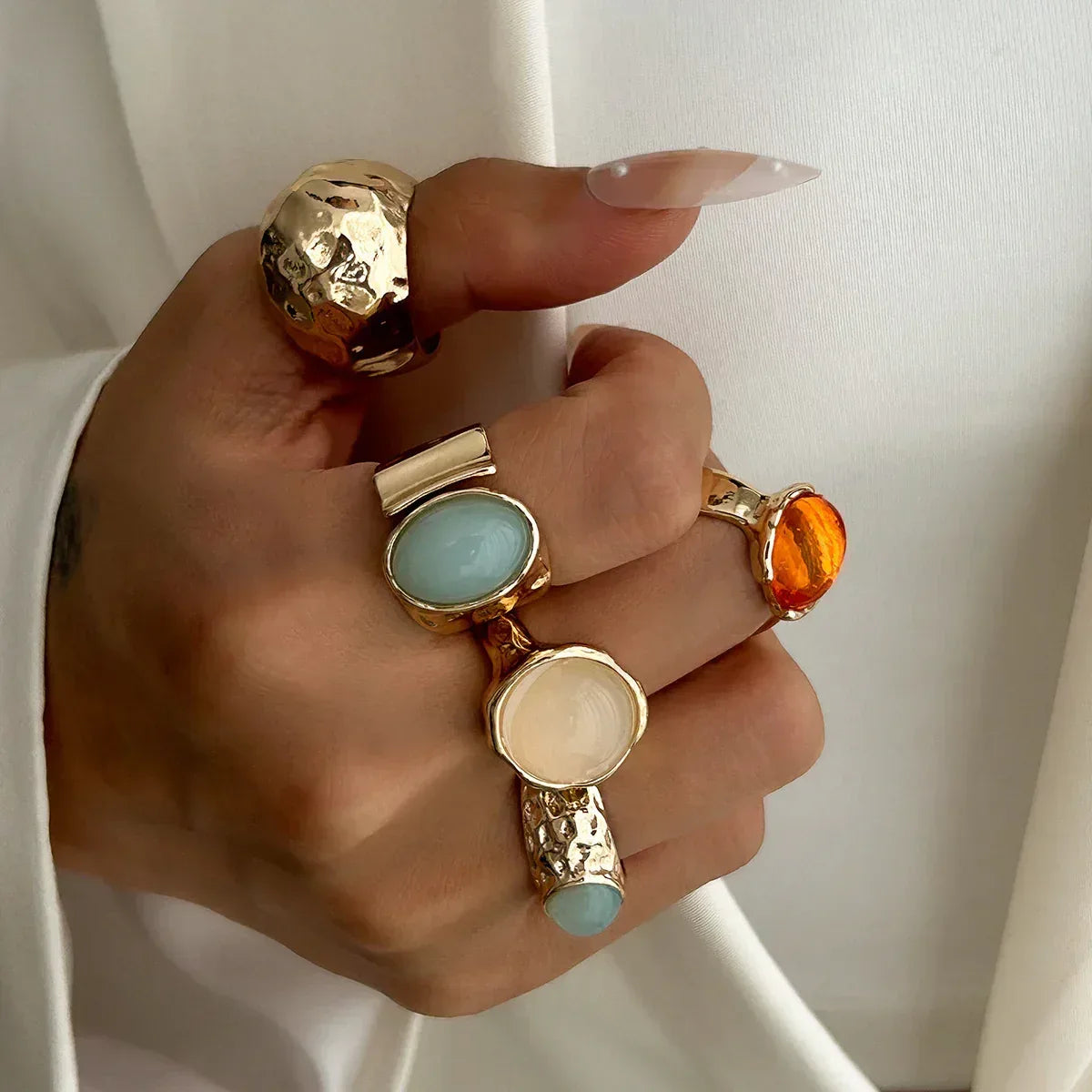 Moonstone Ring With An Irregular Wide Band - Viexta