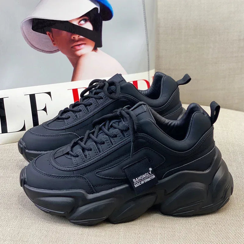 Women's Sneakers With Leather Platform - Viexta