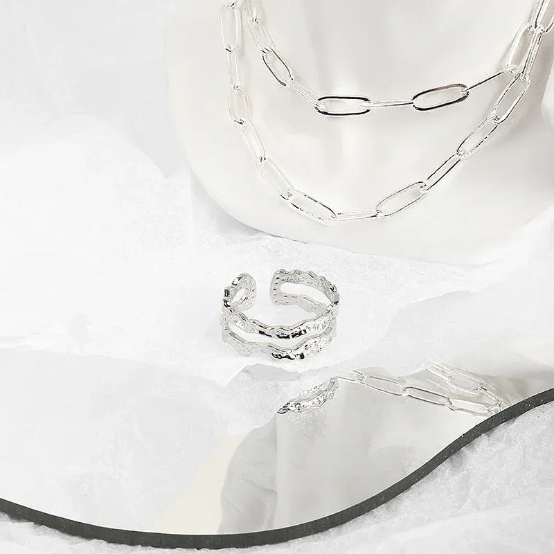 retro-irregular-double-line-silver-plated-ring - Viexta