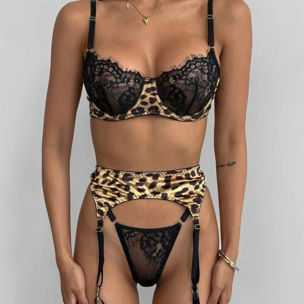 sexy-leopard-print-stitching-lace-see-through-sexy-lingerie-three-piece-set - Viexta