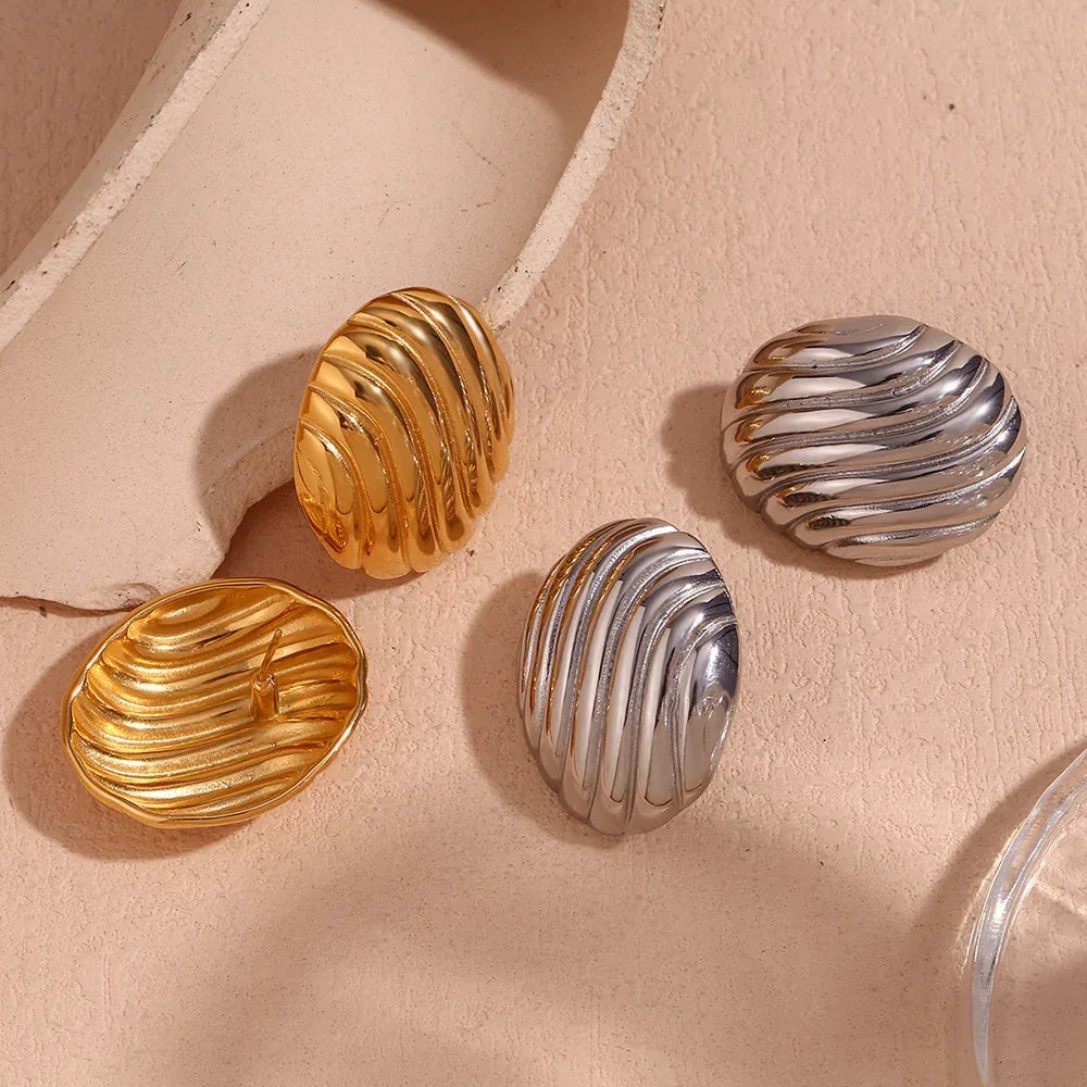 Stainless Steel Vintage Oval Streamline Stud Earrings - Viexta