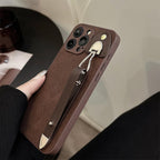 Vintage Leather Wrist Strap Premium Moon Crater iPhone Case
