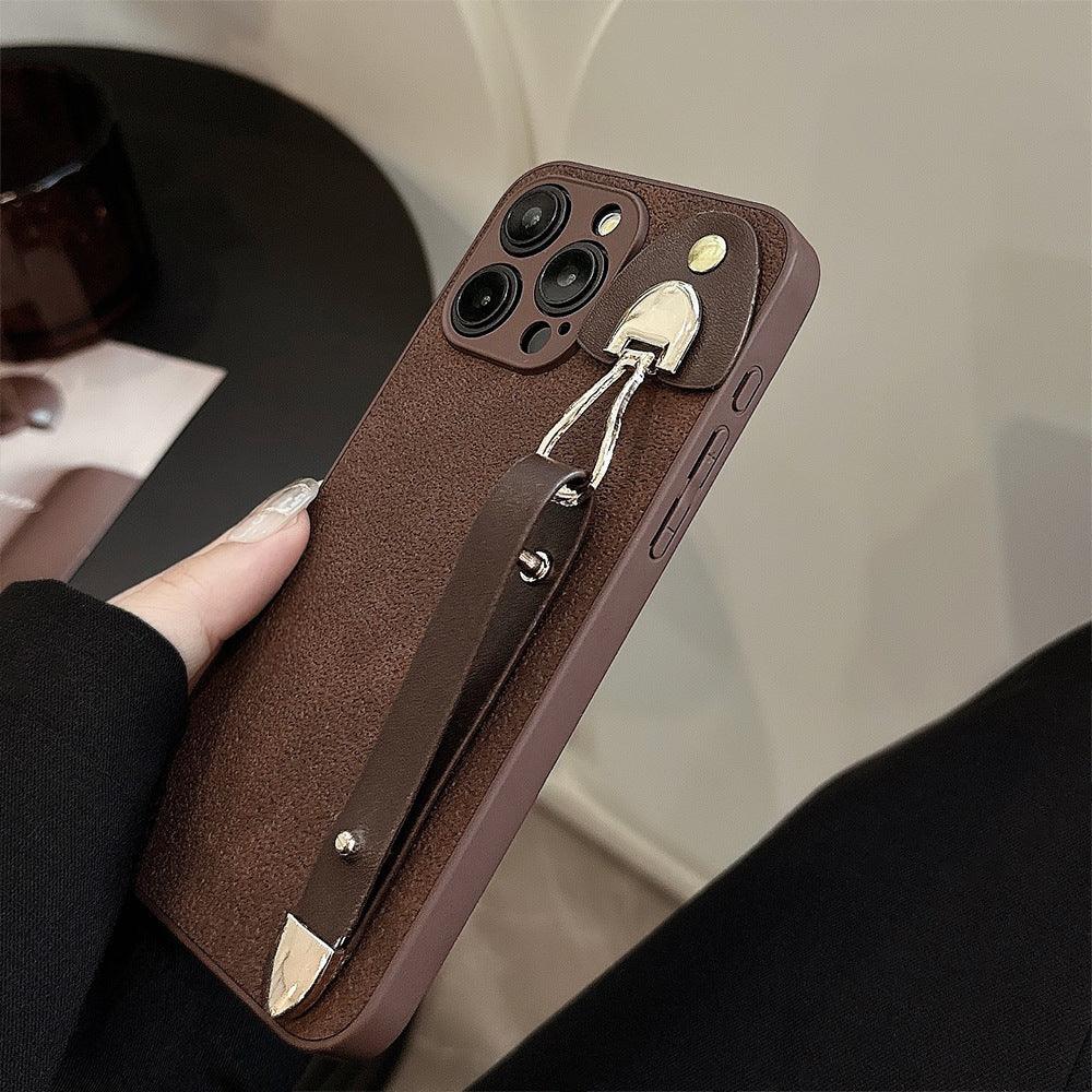 Vintage Leather Wrist Strap Premium Moon Crater iPhone Case