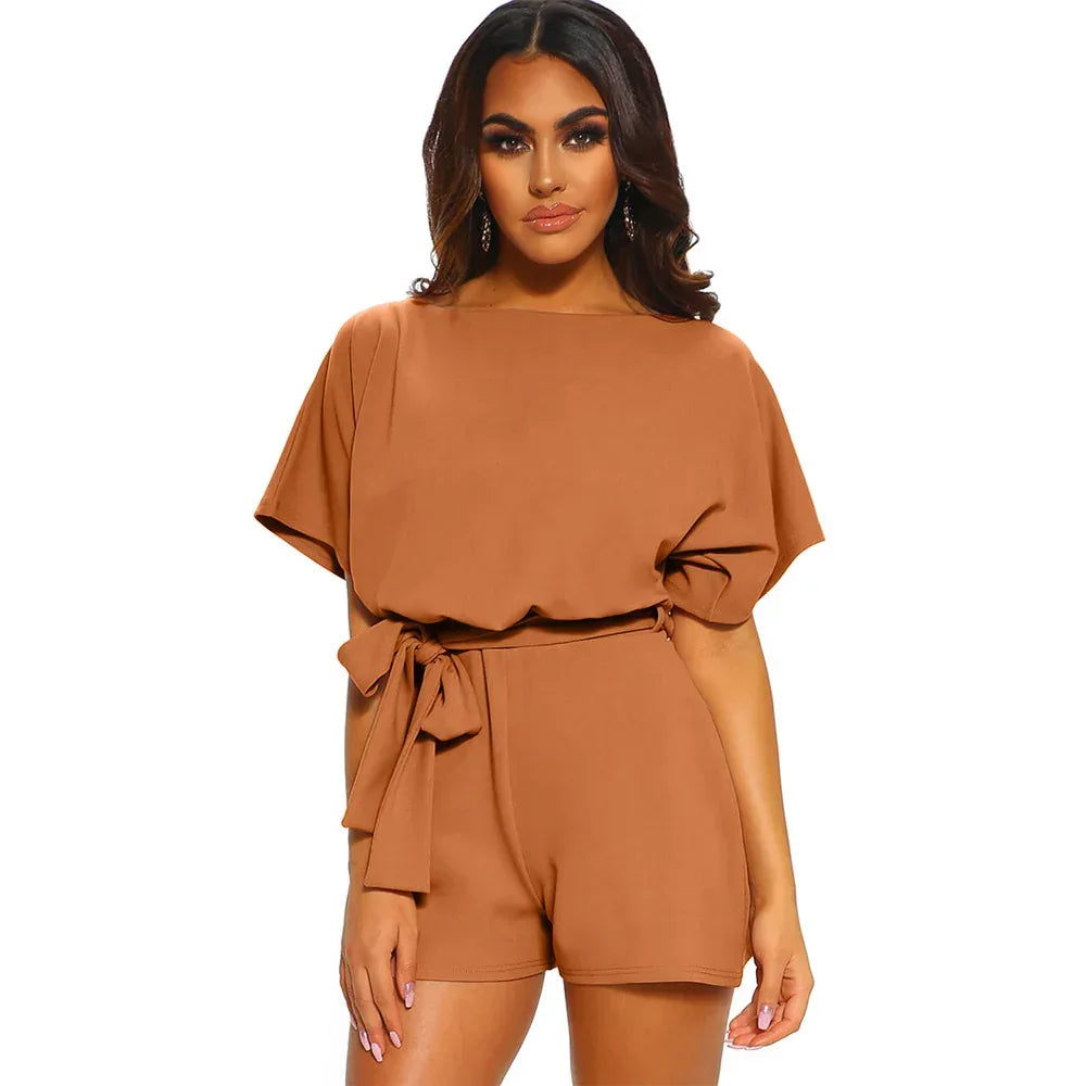 Short-sleeved Lace-up Jumpsuit - Viexta