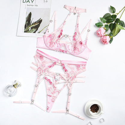 Love Drill Buckle Cutout Embroidered Lingerie Suit