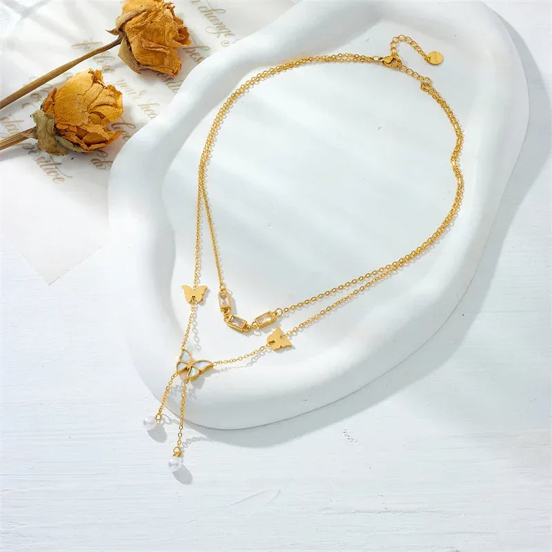 Butterfly Tassel Double-layer Necklace - Viexta