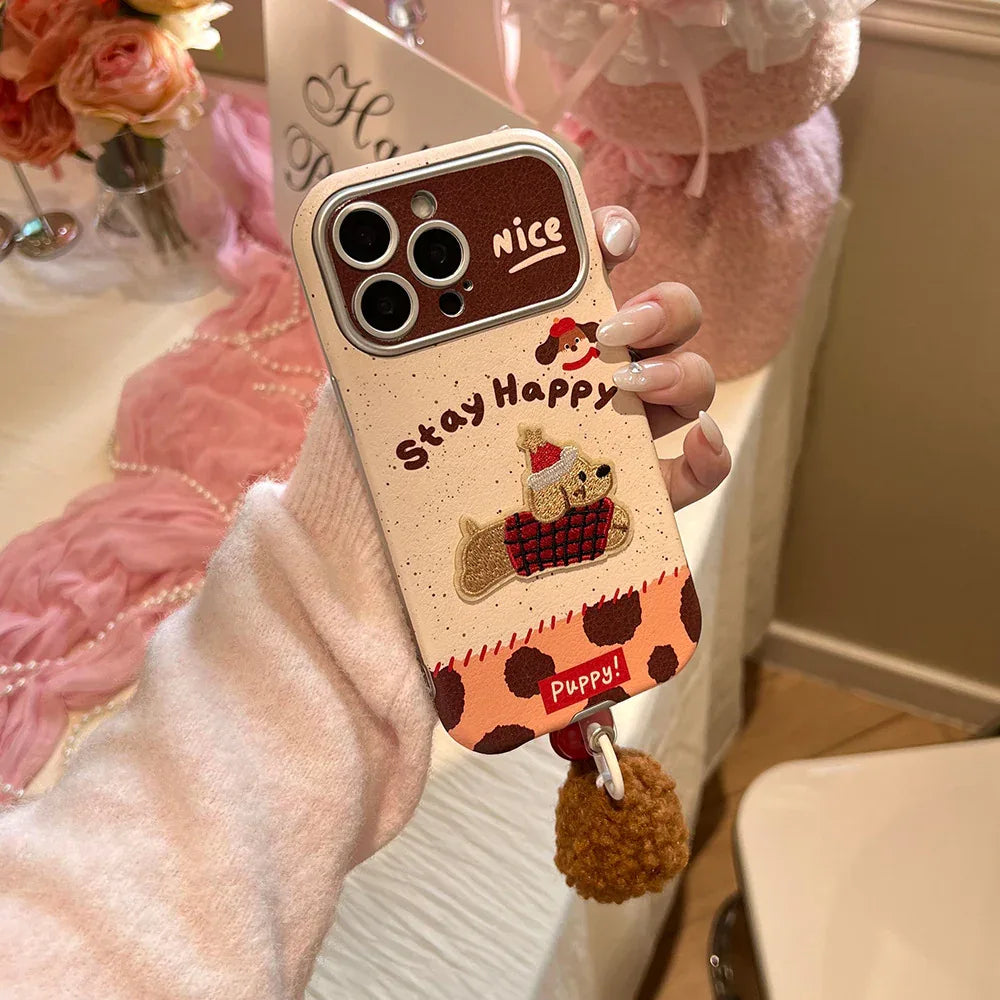 Drop-proof iPhone Case With Leather-texture Embroidery Of A Dog