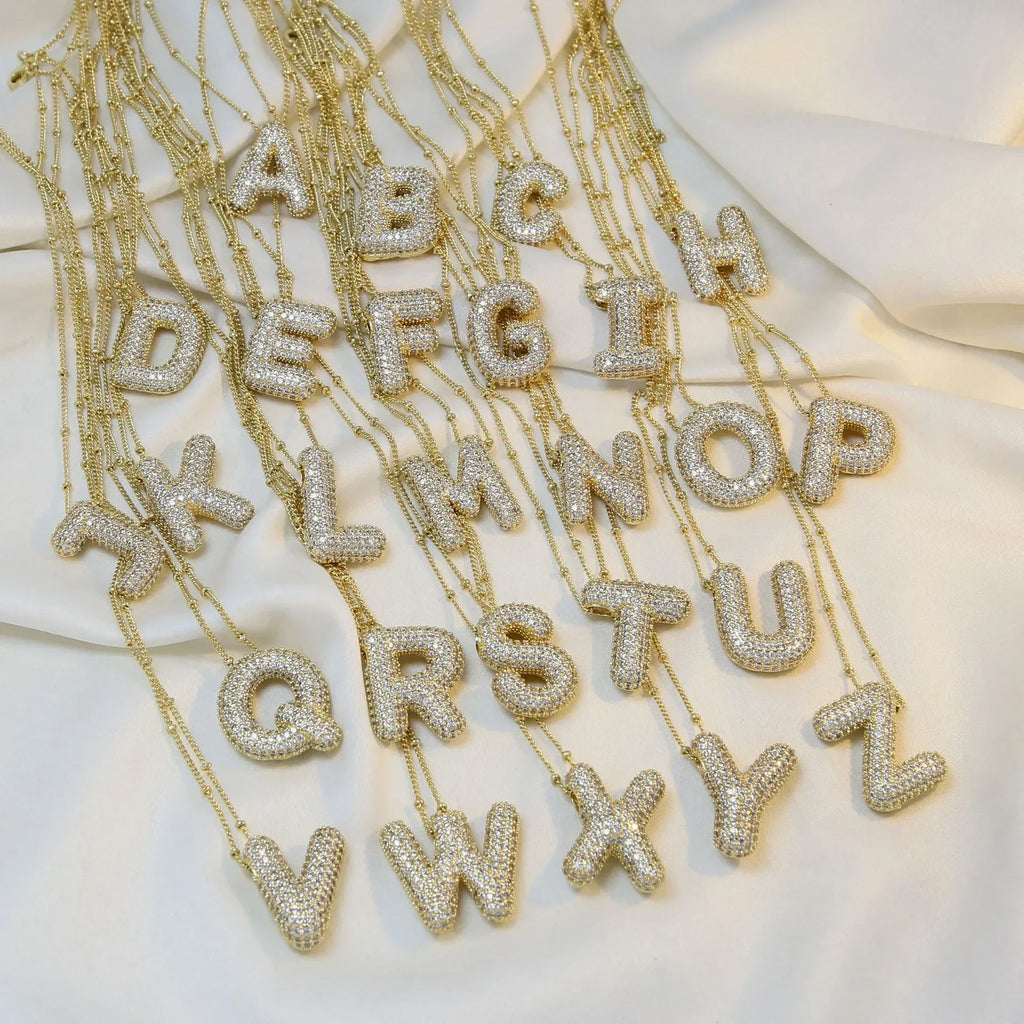 brass-zircon-bubble-letter-pendant-necklace - Viexta