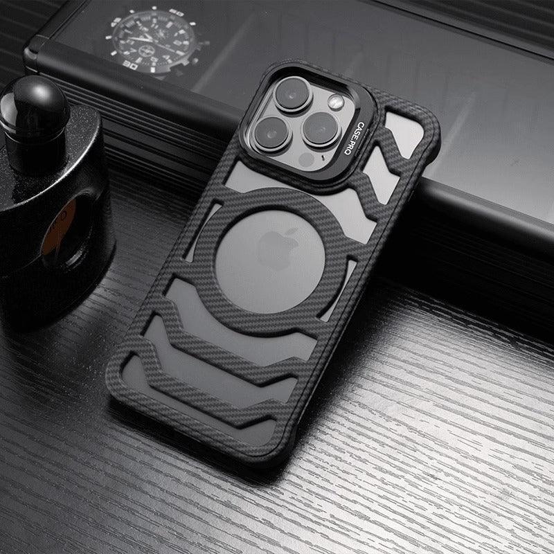 hollow-carbon-fiber-pattern-frameless-magnetic-bracket-iphone-case - Viexta