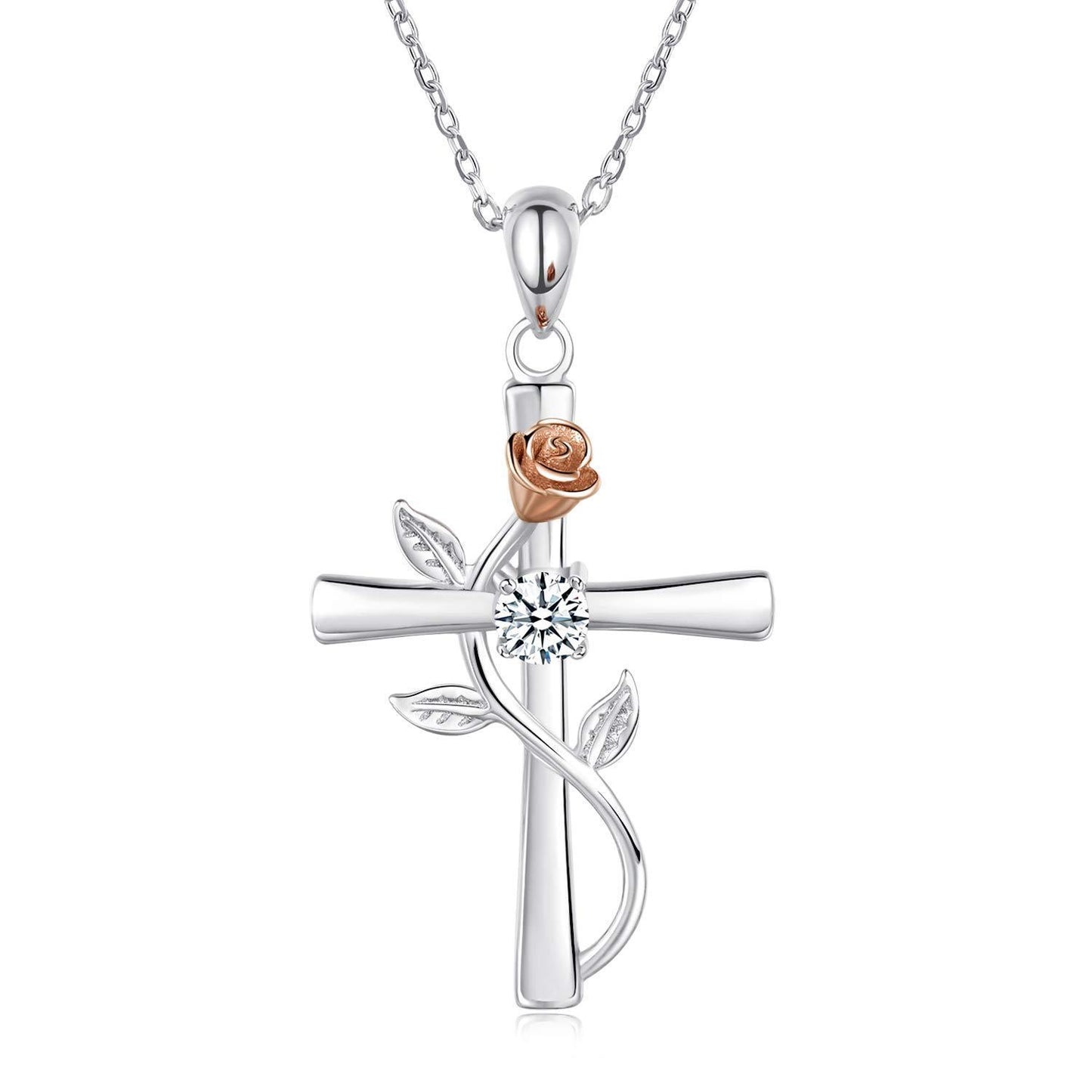 Rose Cross Necklace With Rhinestone