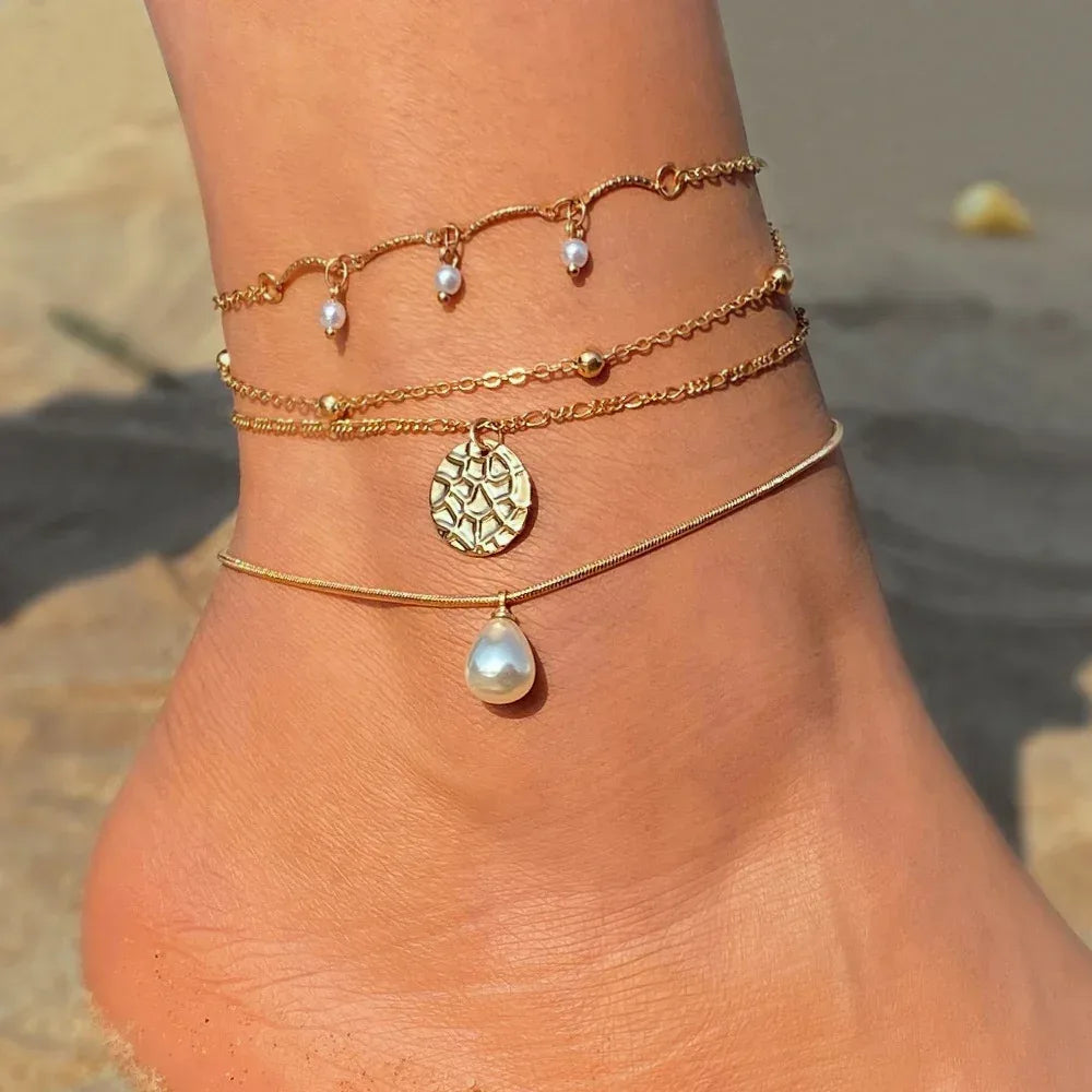 retro-love-butterfly-pearl-multi-layer-anklet-set - Viexta