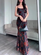 Flocked Strappy Maxi Dress - Viexta