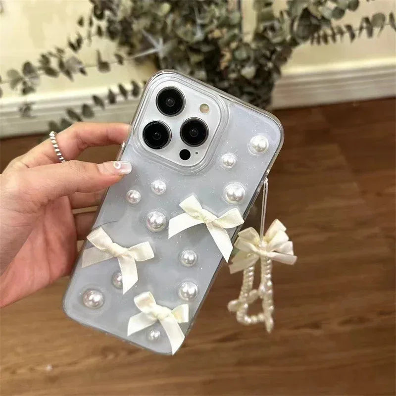 Niche Three-dimensional Pearl Bow iPhone Case with Charm - Viexta