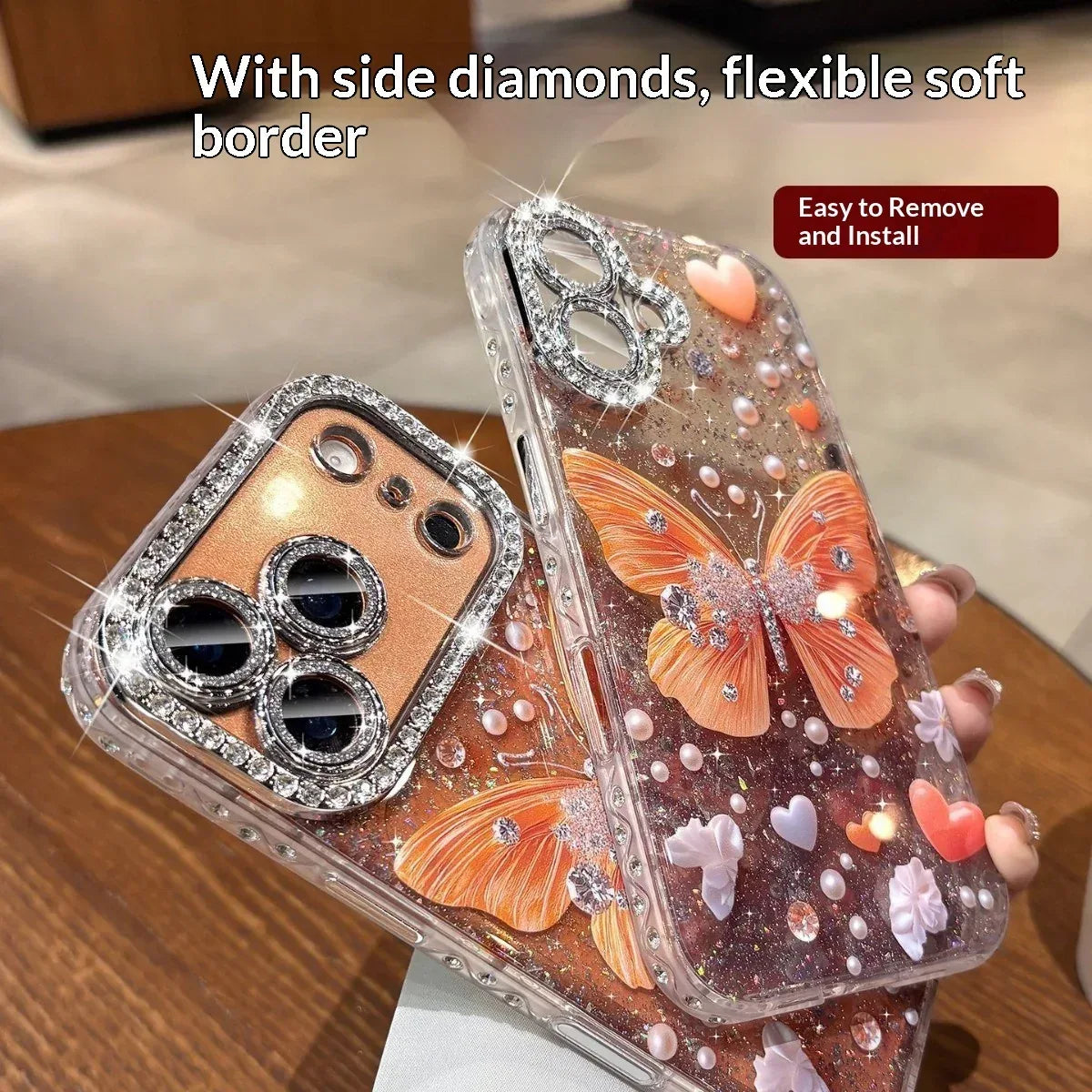 Rhinestone Butterfly iPhone Case With Glitter Lens Protector - Viexta