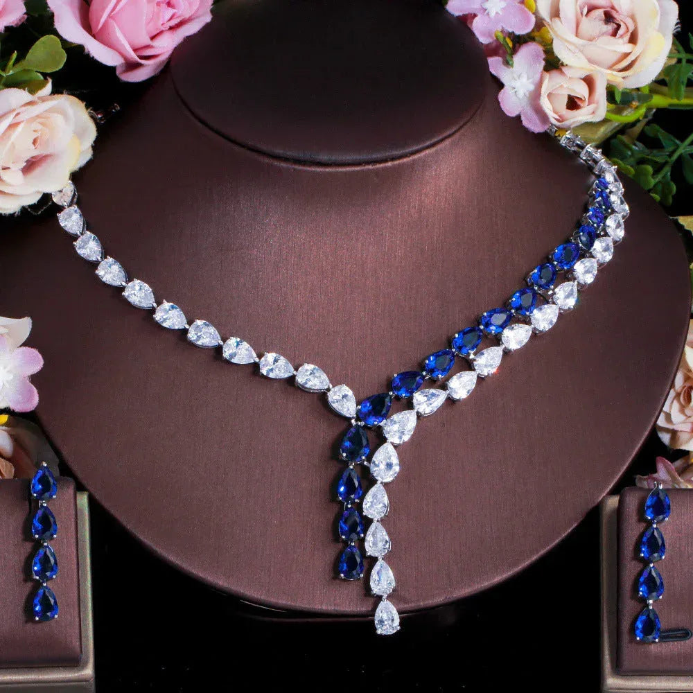 two-tone-patchwork-teardrop-zircon-jewelry-necklace-earring-set - Viexta