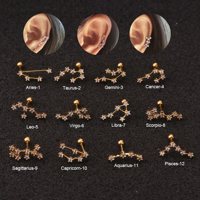 1Pcs Twelve Constellation Cartilage Earring Stainless Steel CZ Stud Earring Cartilage Helix Lobe Screw Back Ear Piercing Jewelry