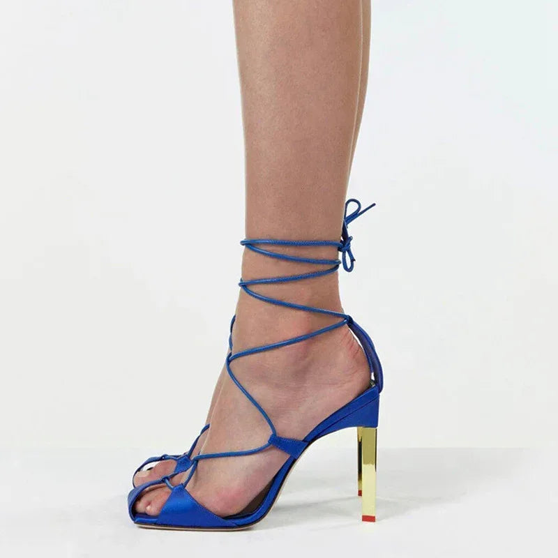 Square Toe Cross Lace-up Cutout Heels - Viexta
