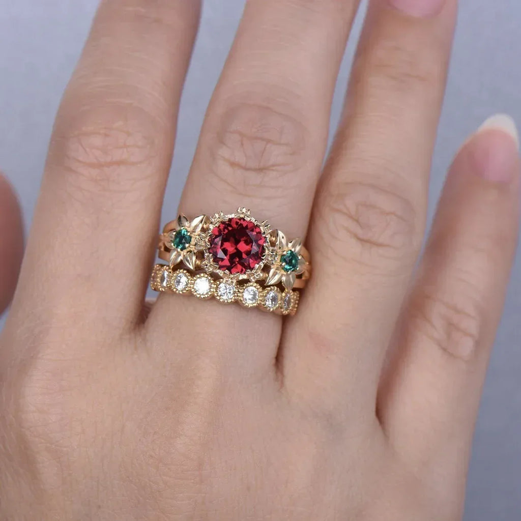 Gold-plated Inlaid Red Flower Ring - Viexta