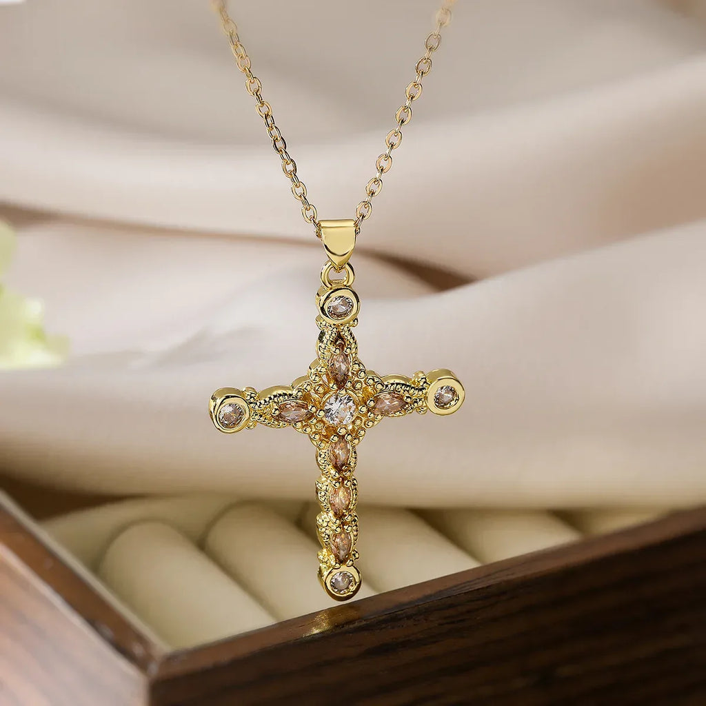 affordable-luxuryplated-real-gold-zircon-cross-pendant-necklace - Viexta