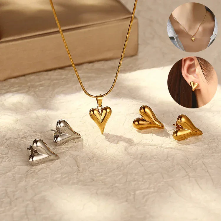Heart-shaped Stainless Steel Studs and Necklace - Viexta