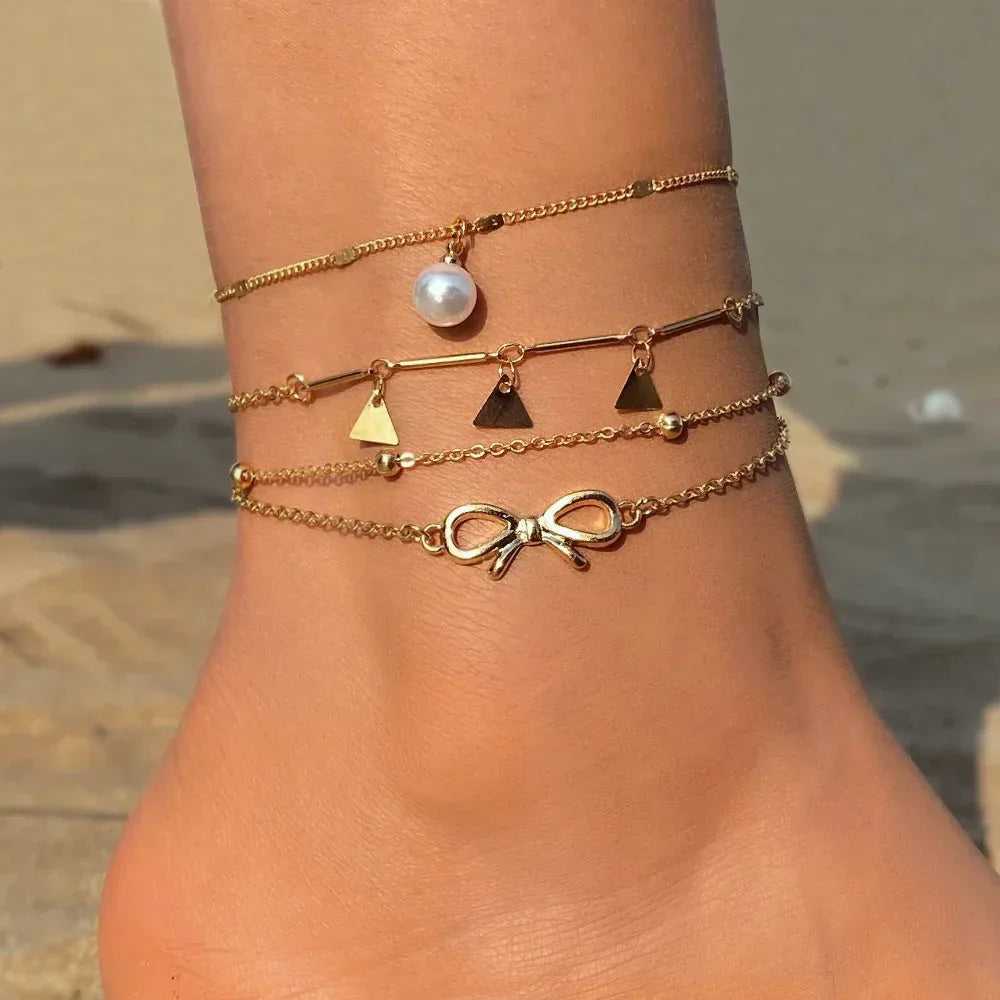 retro-love-butterfly-pearl-multi-layer-anklet-set - Viexta