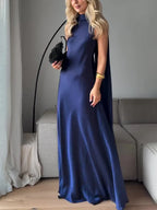 Royal Blue Satin Sleeveless Maxi Dress - Viexta