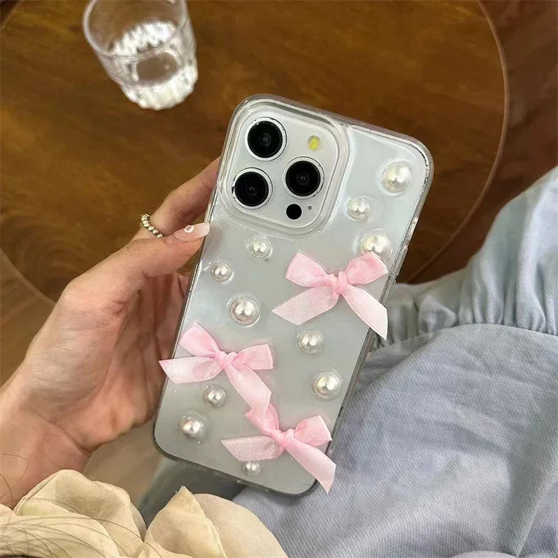 Niche Three-dimensional Pearl Bow iPhone Case with Charm - Viexta