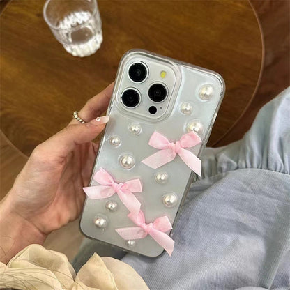 Niche Three-dimensional Pearl Bow iPhone Case with Charm