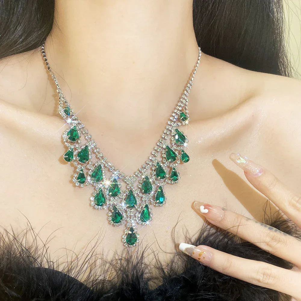 Retro Rhinestone Drop Tassel Necklace Suit - Viexta
