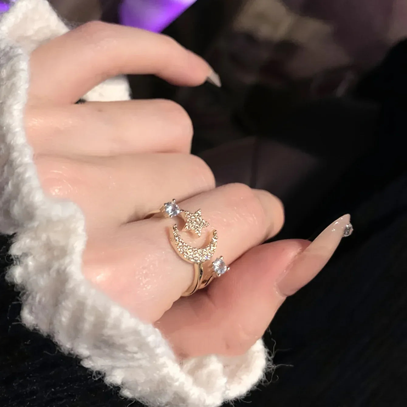 Chic Star Moon Rhinestone Ring - Viexta