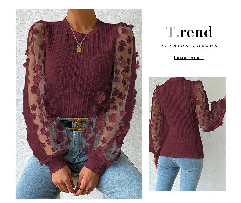 Women's Mesh Small Flower Chiffon Top - Viexta