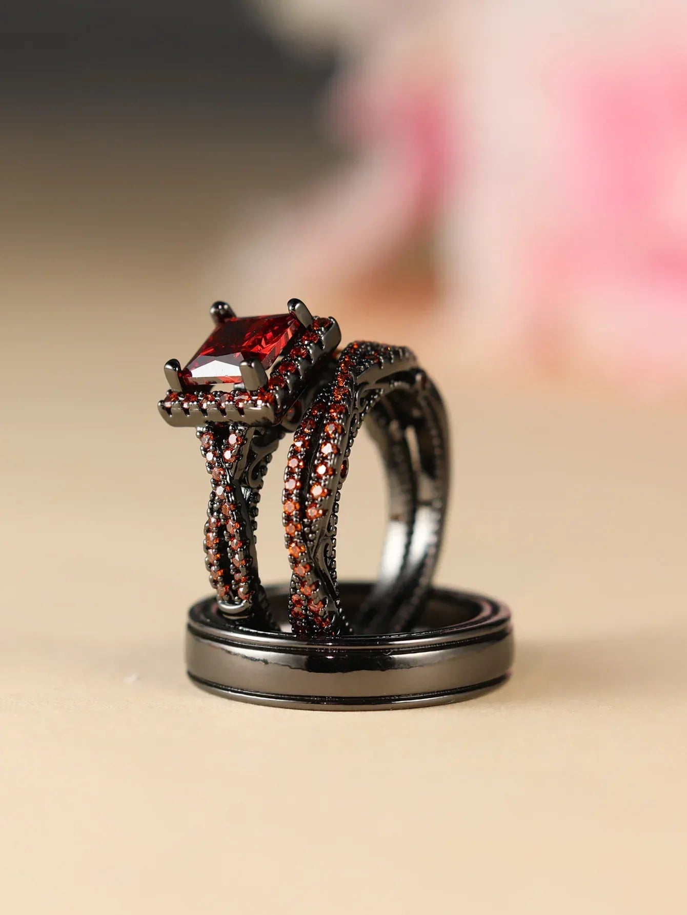 Rose Gold Three-Piece Diamond-Encrusted Zircon Ring Set - Viexta