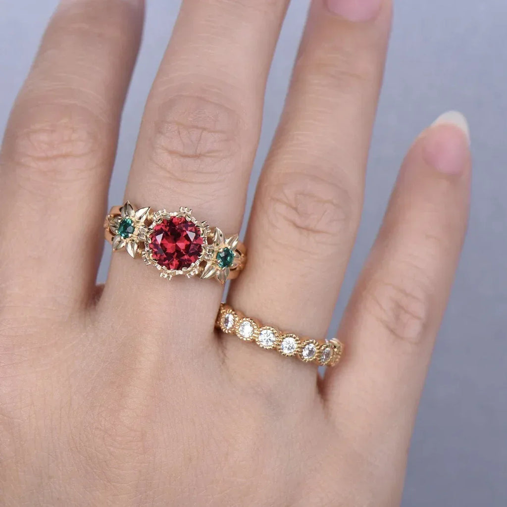 Gold-plated Inlaid Red Flower Ring - Viexta