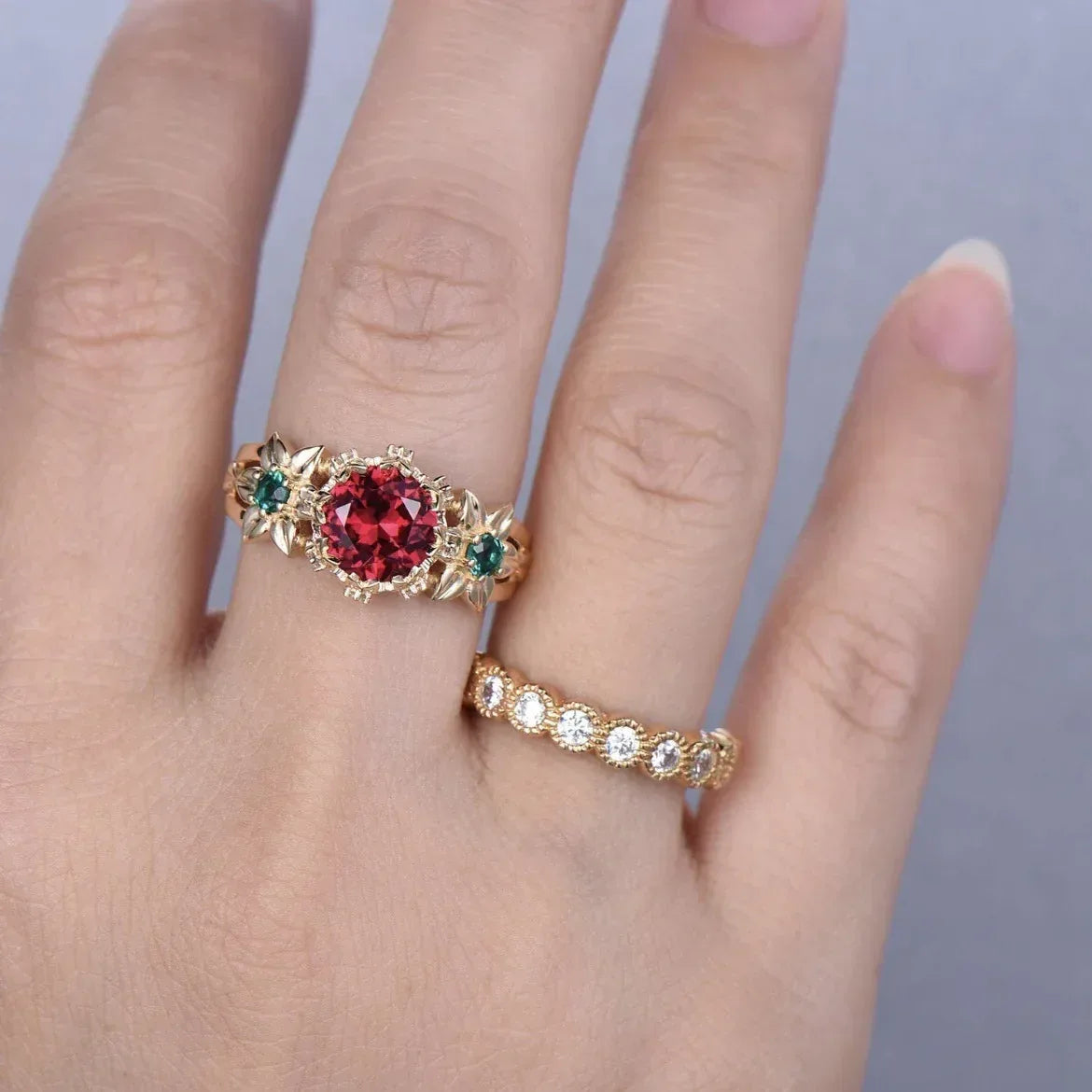 Gold-plated Inlaid Red Flower Ring - Viexta