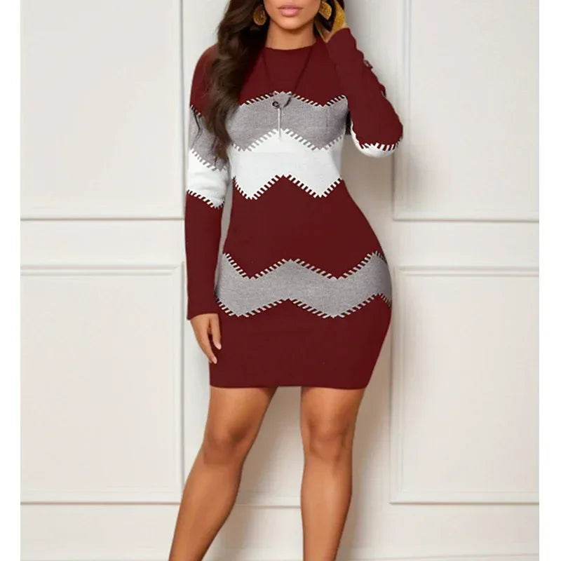 Mid-length Short Skirt Round Neck Long Sleeve Printed Knitted Sheath Dress - Viexta