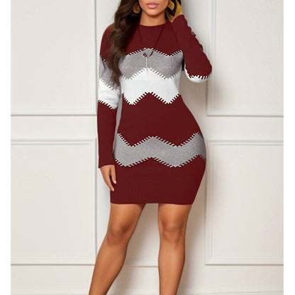 Mid-length Short Skirt Round Neck Long Sleeve Printed Knitted Sheath Dress