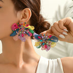 Rhinestone Chiffon Flower Stud Earrings For Women