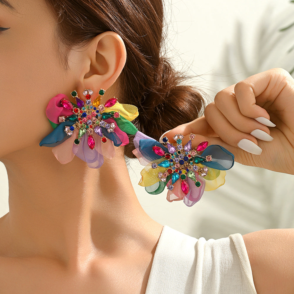 Rhinestone Chiffon Flower Stud Earrings For Women